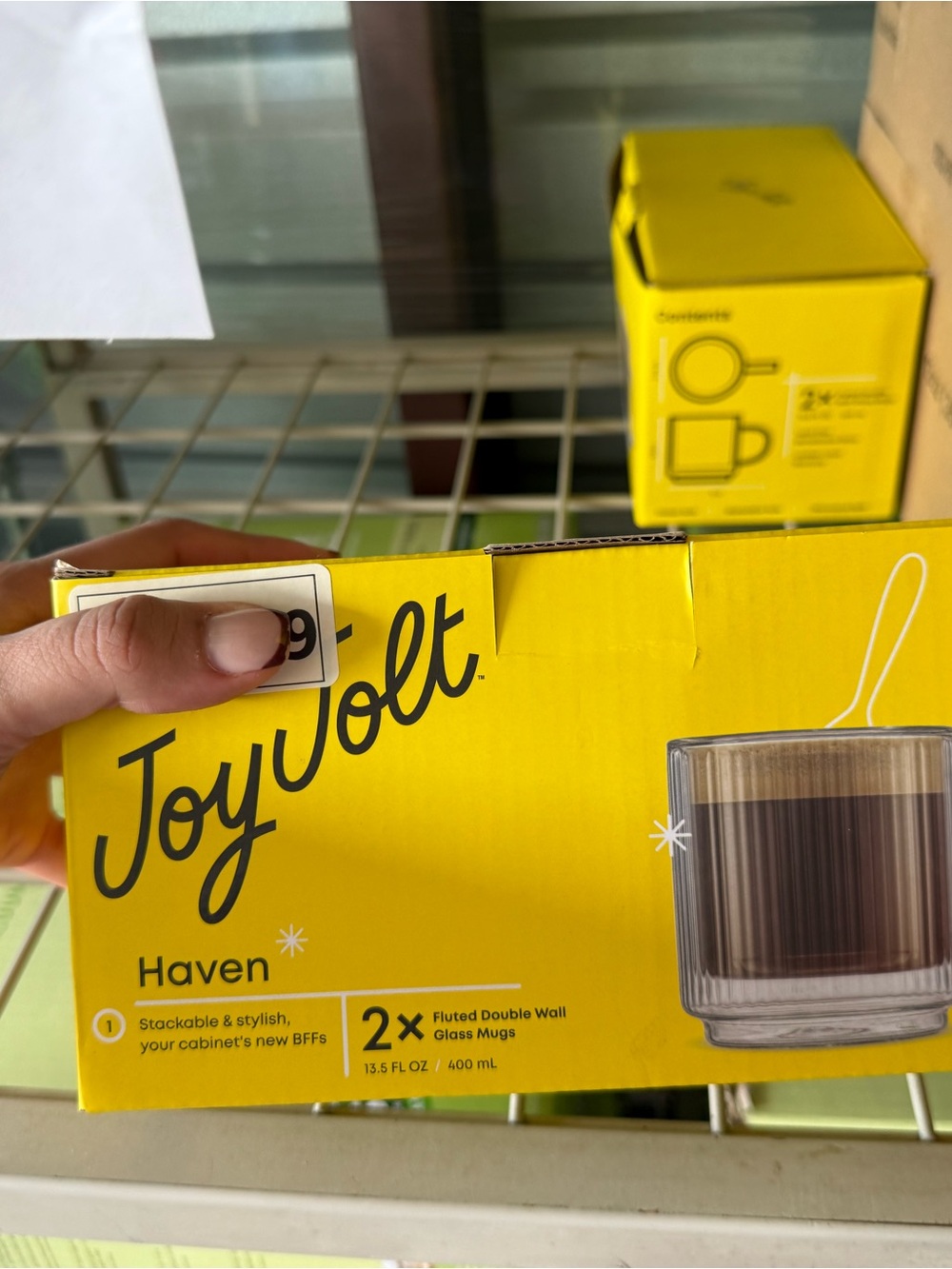 JoyJolt Haven Stackable Double Wall Glass Mugs - Yellow Packaging
